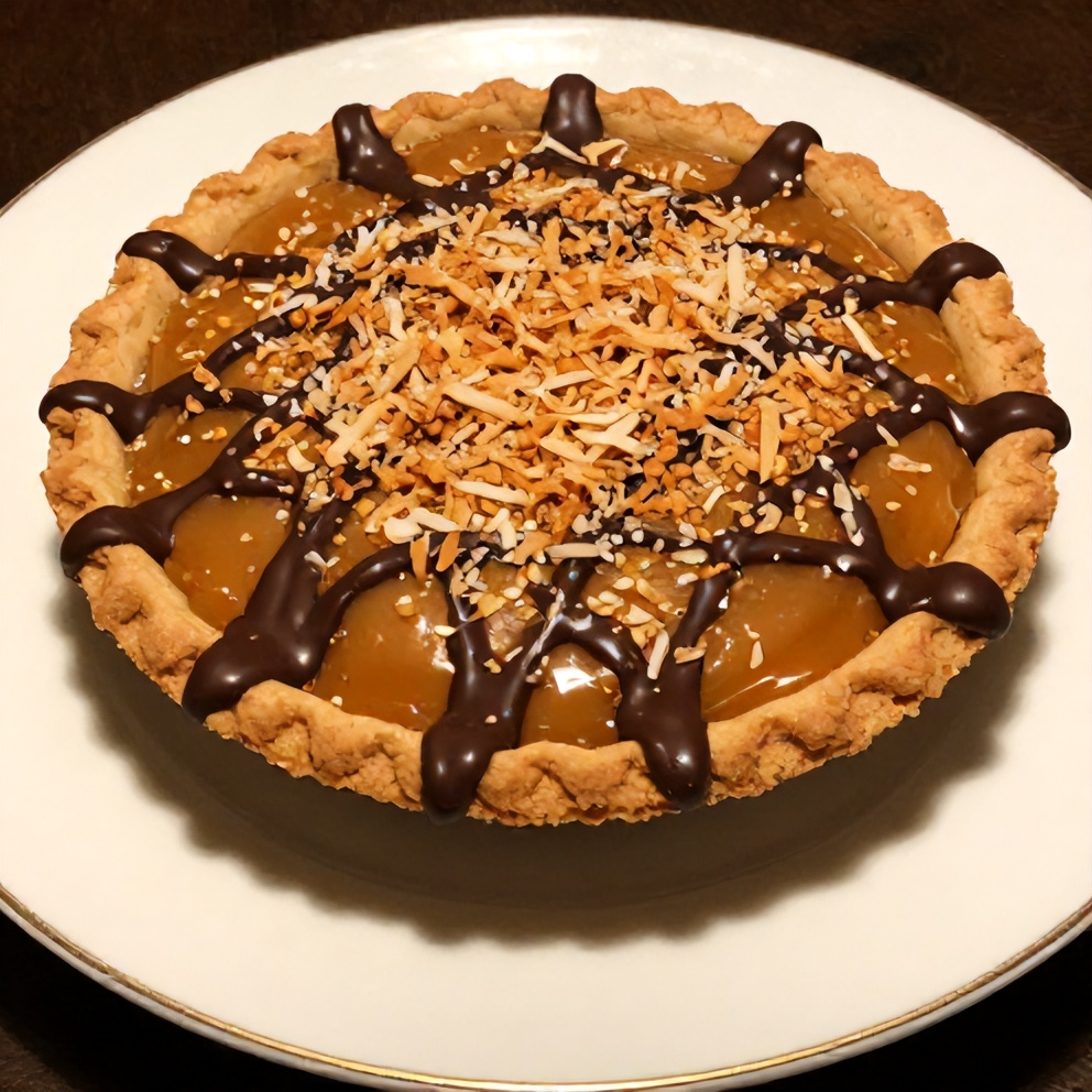 Samoa Cookie Pie with caramel and coconut, ready to serve