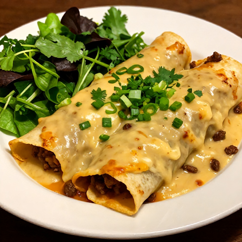 Plated Sausage Gravy Enchiladas with a side of mixed greens