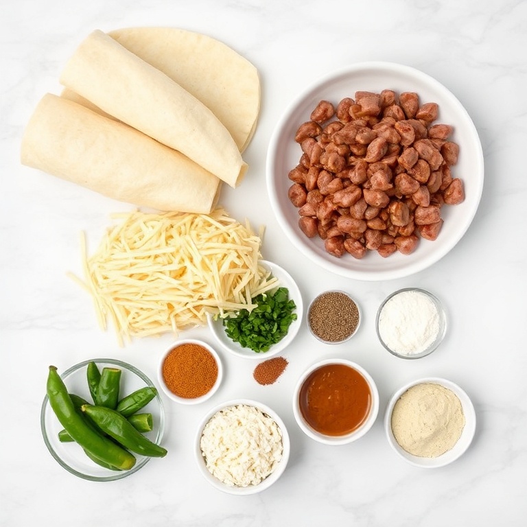 Raw ingredients for Sausage Gravy Enchiladas including tortillas, sausage, cheese, and spices