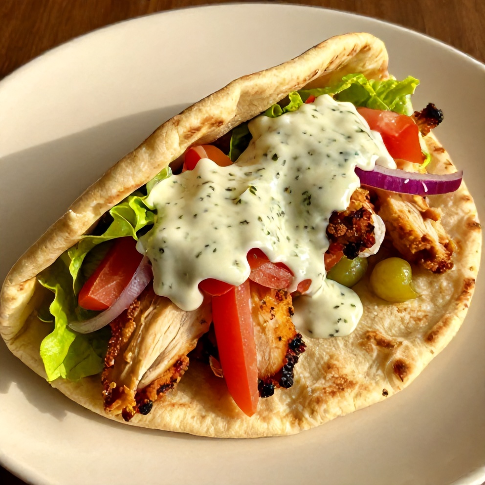 Plated Sheet Pan Chicken Pita with Herby Ranch Sauce