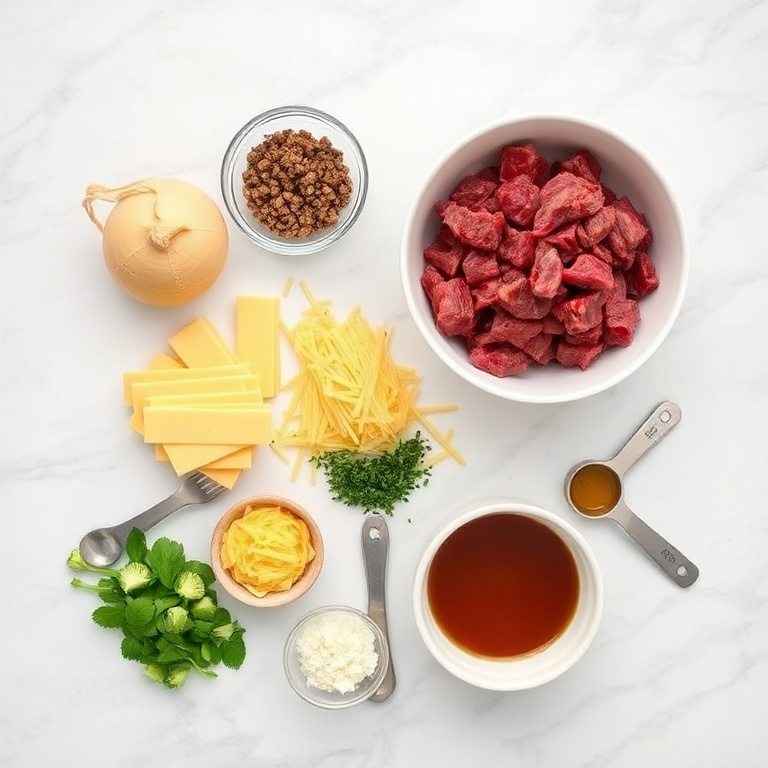 Raw ingredients for Beef and Cheddar Sandwiches on a marble surface