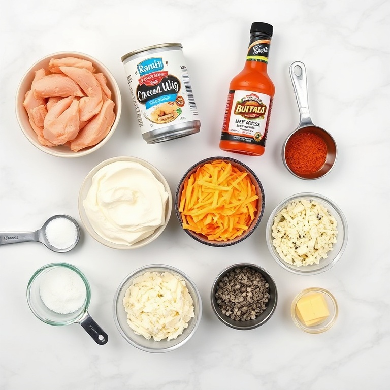 Raw ingredients for Buffalo Chicken Dip arranged in a flat lay