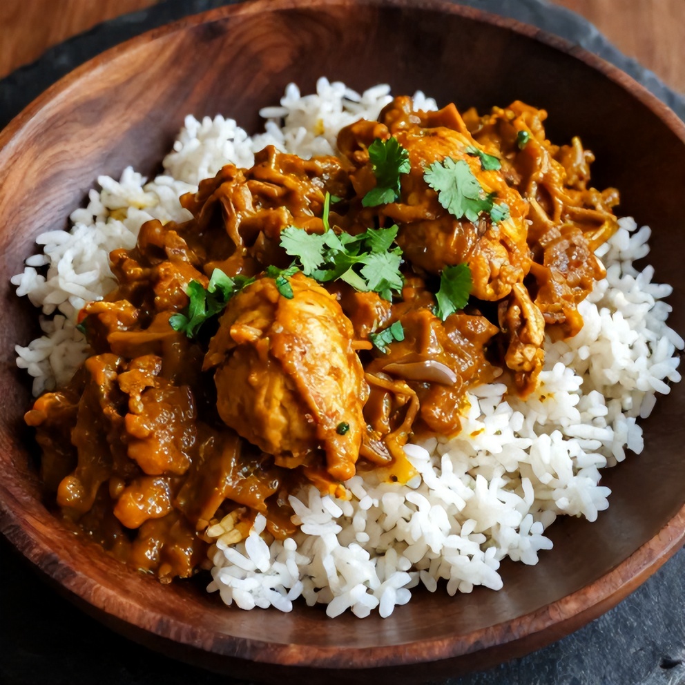 Plated serving of slow cooker chicken curry with steamed rice and garnished with fresh cilantro