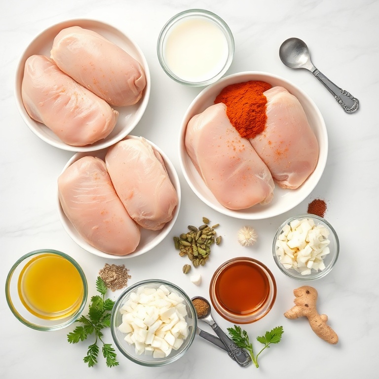 Raw ingredients for slow cooker chicken curry including chicken breasts, curry powder, coconut milk, and vegetables