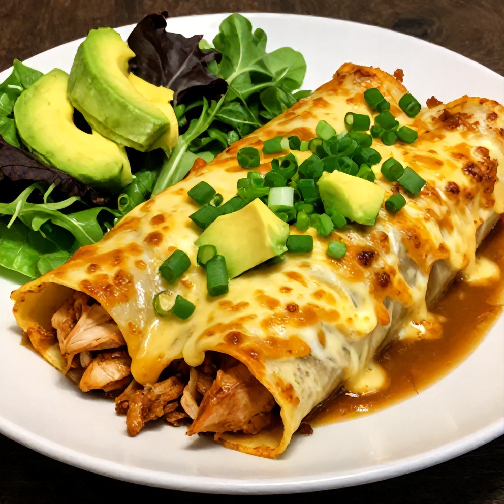 Plated Easy Slow Cooker Chicken Enchiladas with a side of mixed greens
