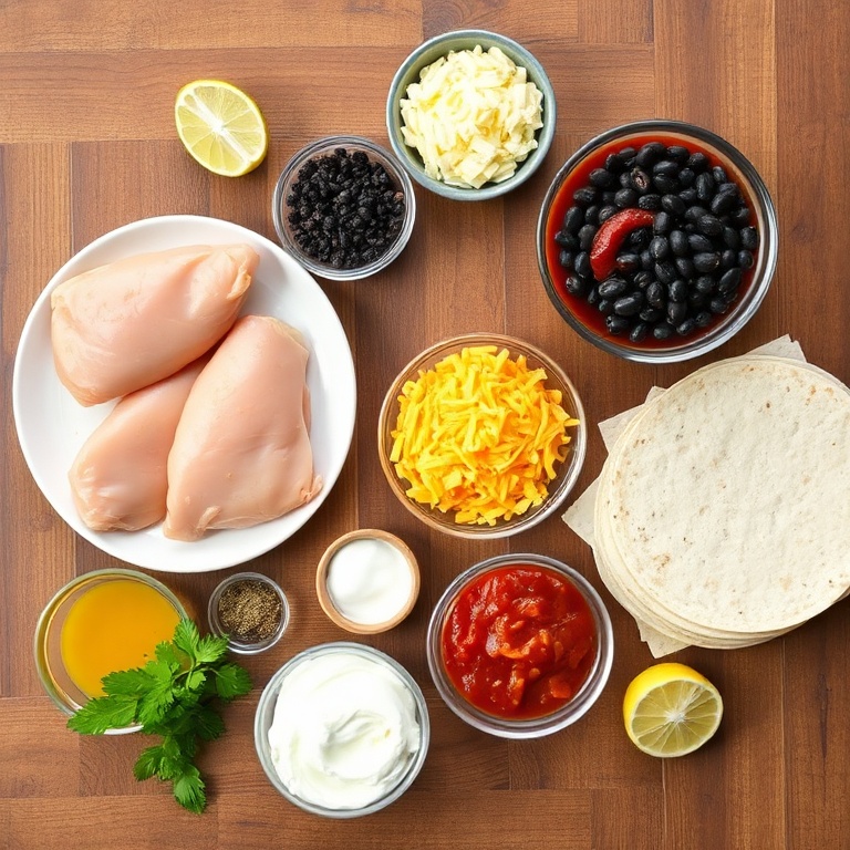 Raw ingredients for Easy Slow Cooker Chicken Enchiladas laid out on a wooden surface