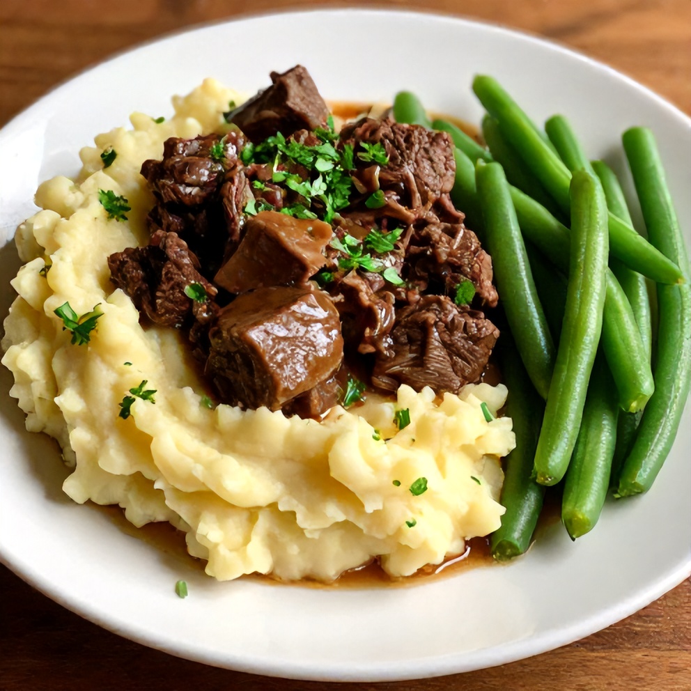 Plated slow cooker chuck roast with mashed potatoes and steamed green beans