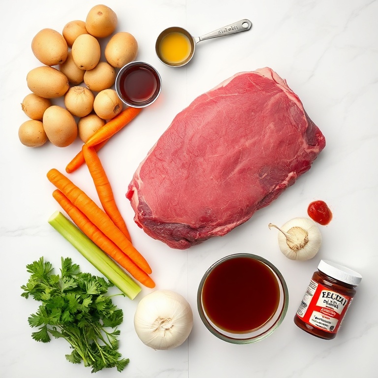 Raw ingredients for slow cooker chuck roast: beef chuck roast, potatoes, carrots, celery, onion, garlic, beef broth, tomato paste, salt, pepper, thyme, bay leaves