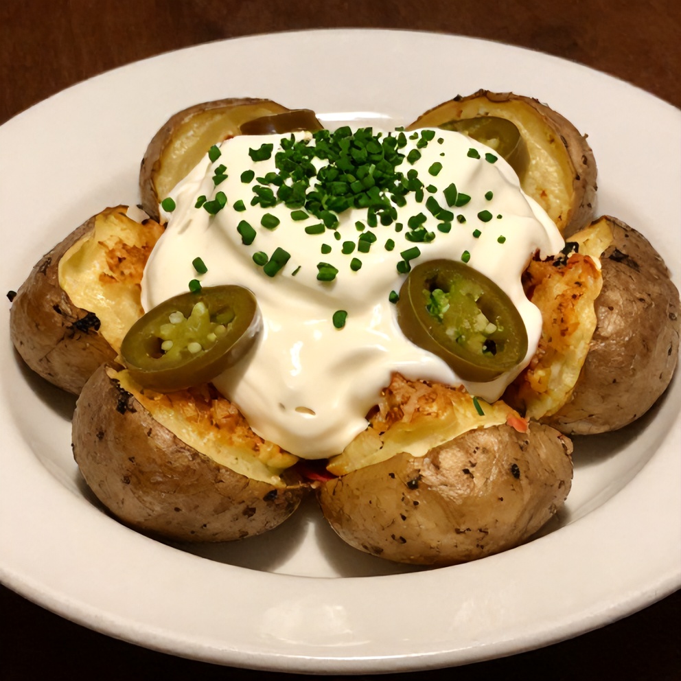 Plated loaded baked potatoes