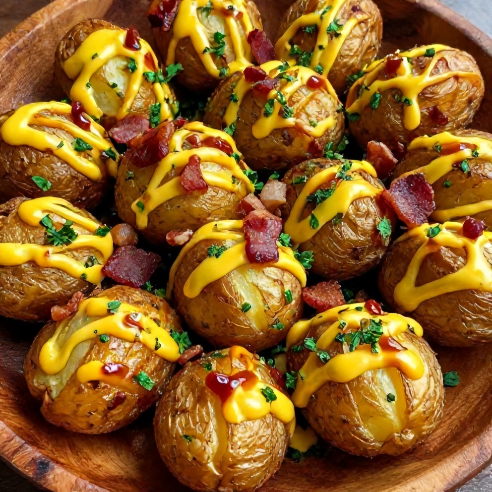 Plated smoked baby potatoes with beer mustard and BBQ rub