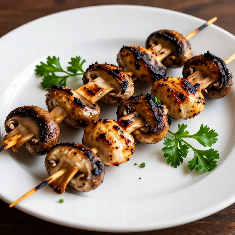Plated grilled mushroom skewers with fresh parsley