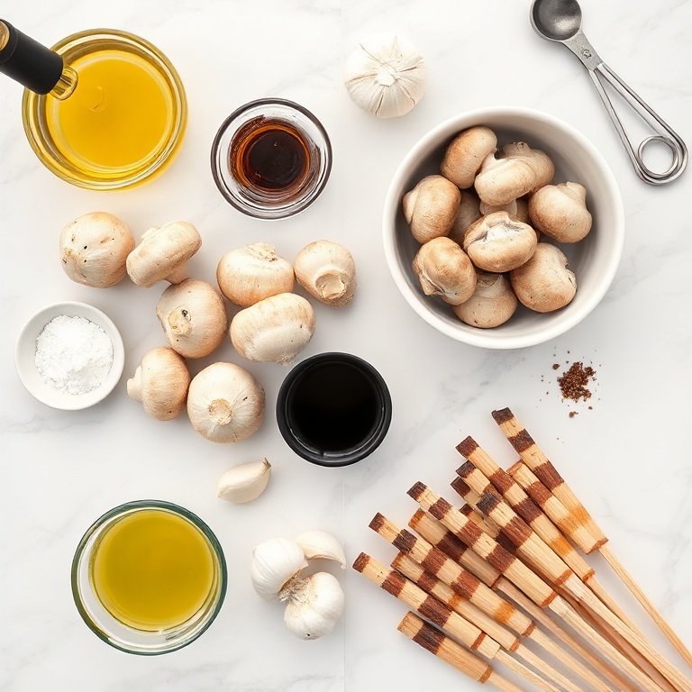 Raw mushrooms, olive oil, balsamic vinegar, garlic, salt, pepper, and skewers laid out