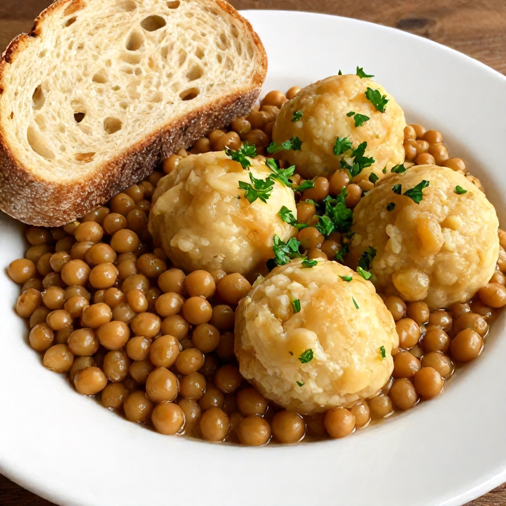 Plated serving of Southern Peas and Dumplings on a white plate, garnished with fresh parsley, with a side of crusty bread.