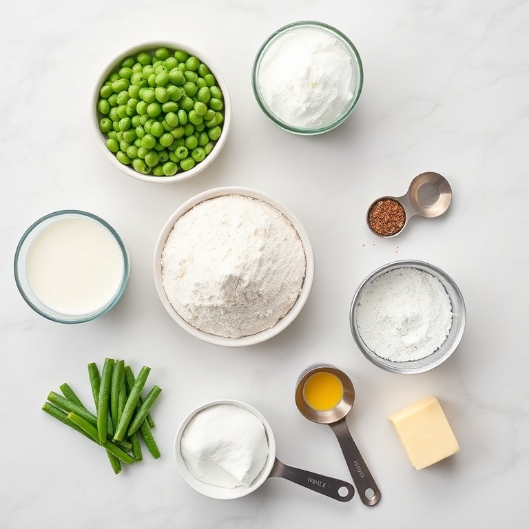 Overhead flat lay of canned peas, flour, baking powder, milk, salt, pepper, and butter, with measuring spoons and bowls visible.
