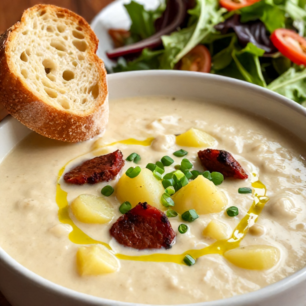A steaming bowl of Spanish Potato Soup with Chorizo, served with crusty bread and a side of mixed greens