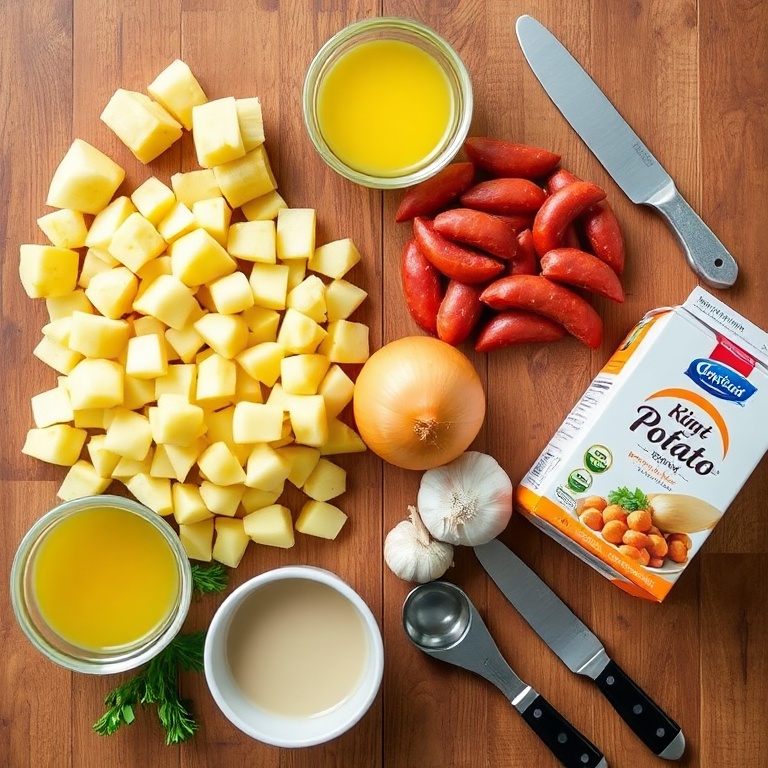 Raw ingredients for Spanish Potato Soup with Chorizo laid out on a wooden surface, including potatoes, chorizo, onions, garlic, and chicken broth