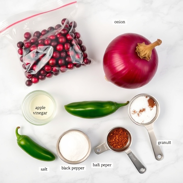 Raw ingredients for Easy Spicy Cranberry Salsa on a marble surface