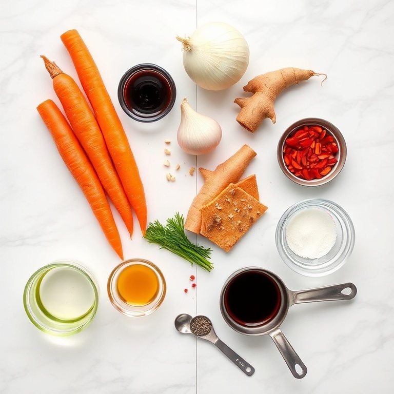 Raw Ingredients for Spicy Miso Carrot Soup on a Marble Surface
