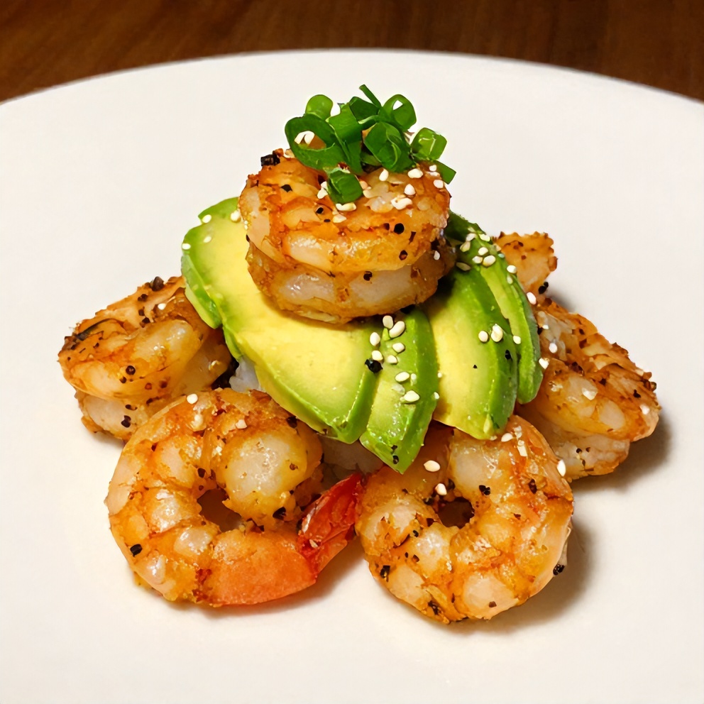 Plated Spicy Shrimp Sushi Stacks with spicy mayo on a white plate