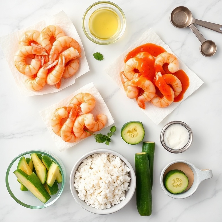 Raw ingredients for Spicy Shrimp Sushi Stacks on a white marble surface