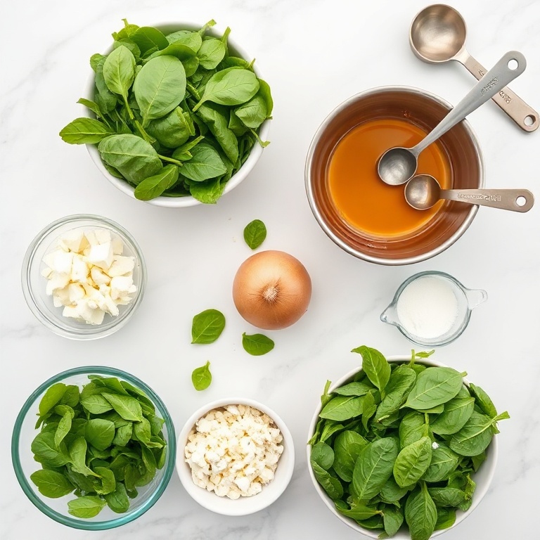 Raw ingredients for Spinach and Feta Egg Muffins arranged in a flat lay