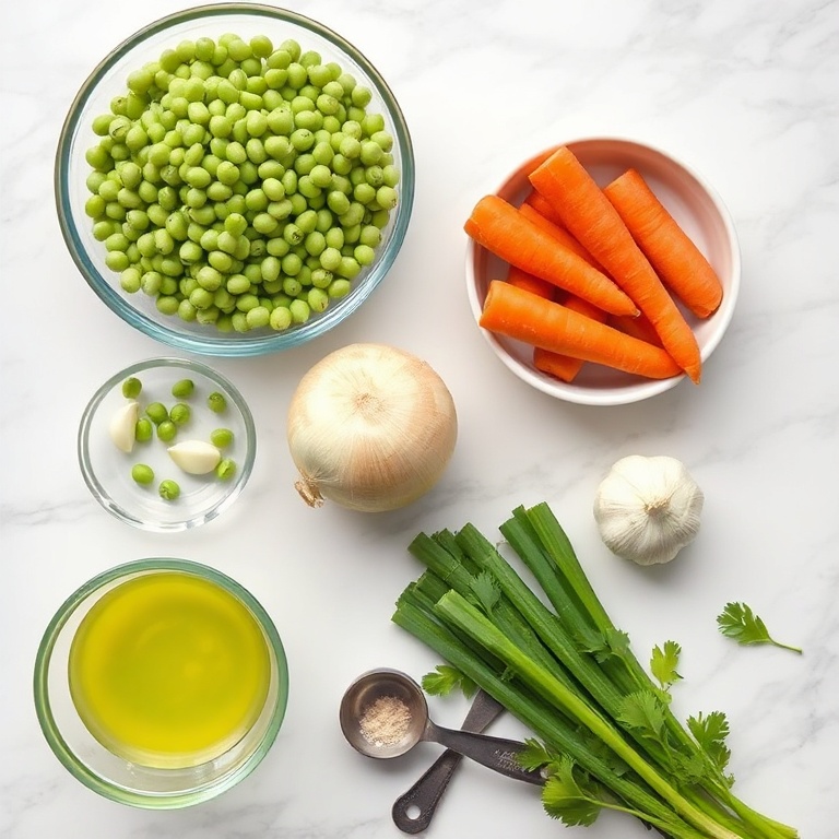 Split peas, onions, carrots, celery, and garlic on a wooden surface