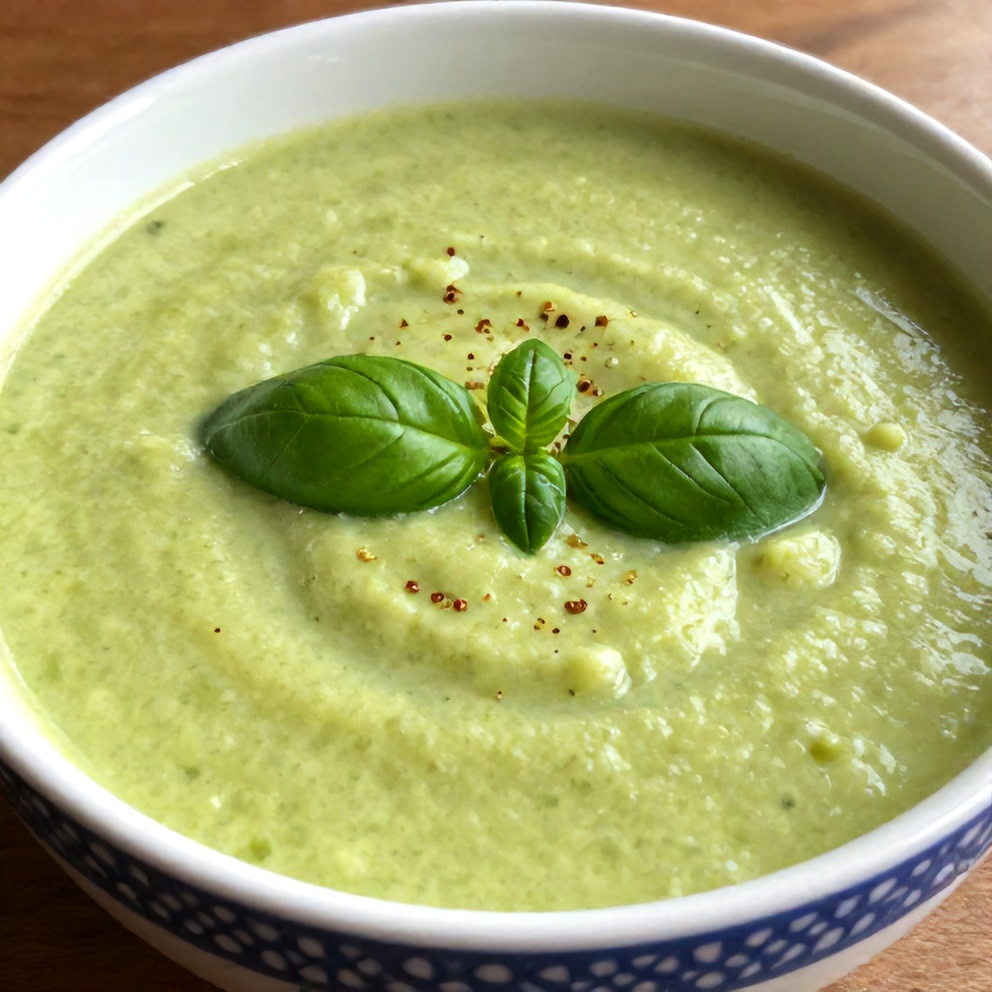 Bowl of creamy Zucchini Basil Soup with a sprinkle of fresh basil