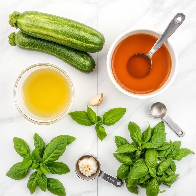 Raw ingredients for Zucchini Basil Soup arranged in a flat lay