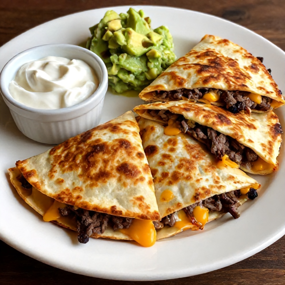 Plated Steak Cheese Quesadillas with sour cream and guacamole