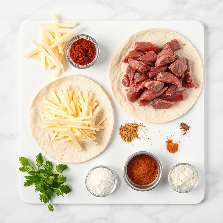 Raw ingredients for Steak Cheese Quesadillas on a marble surface