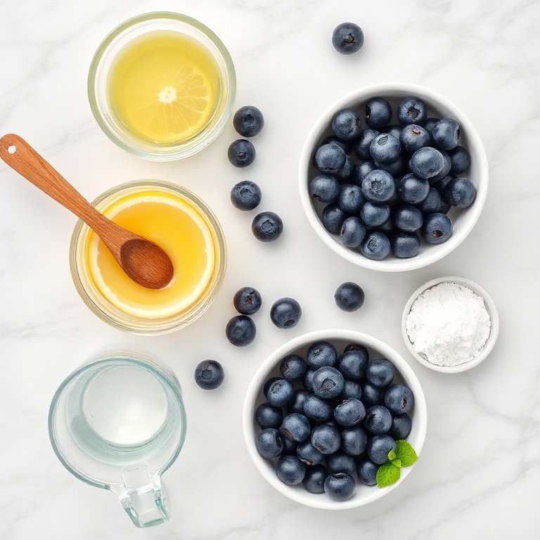 Blueberries, lemon juice, water, and sweetener on a wooden board