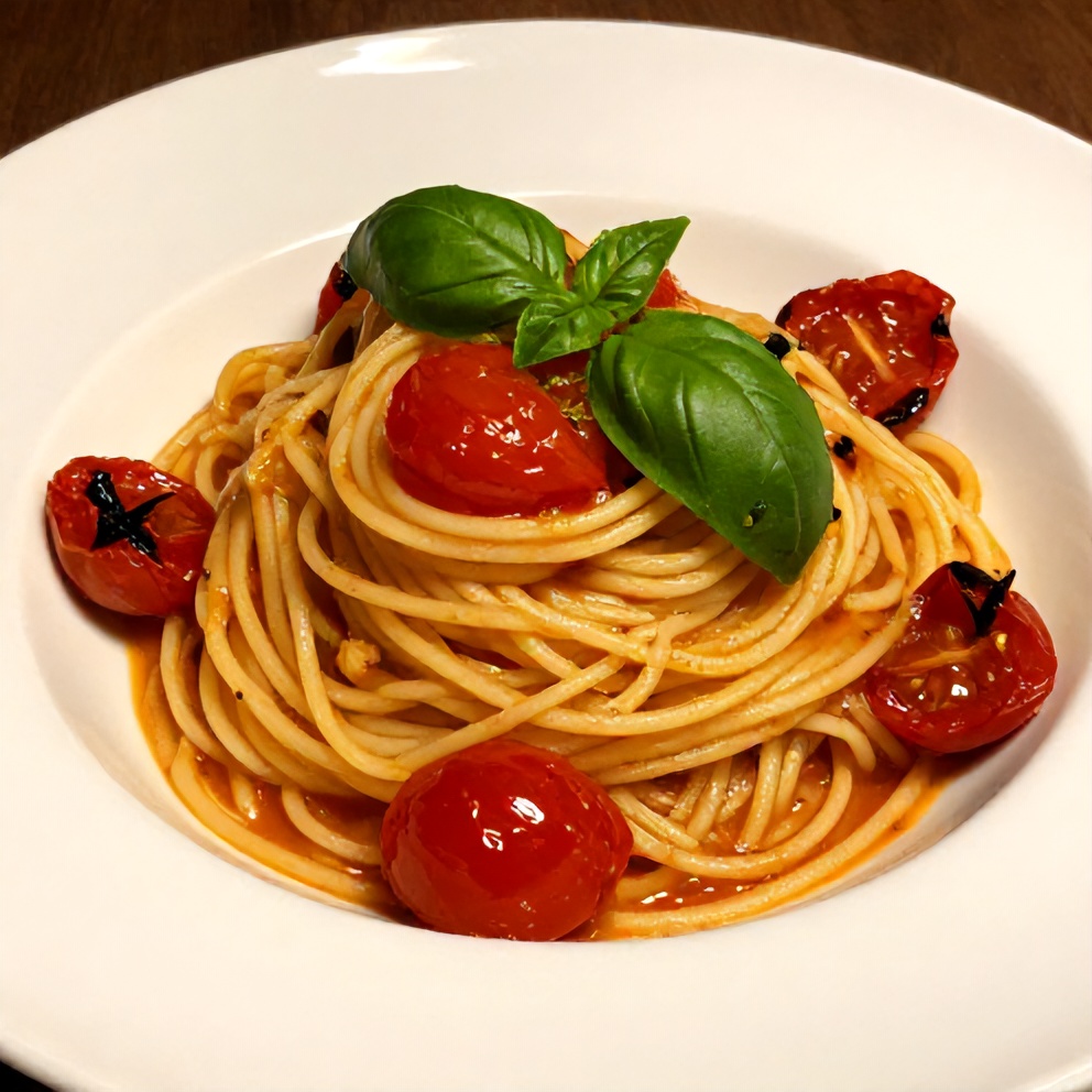 Plated serving of Easy Summer Pasta with Roasted Cherry Tomatoes and Basil