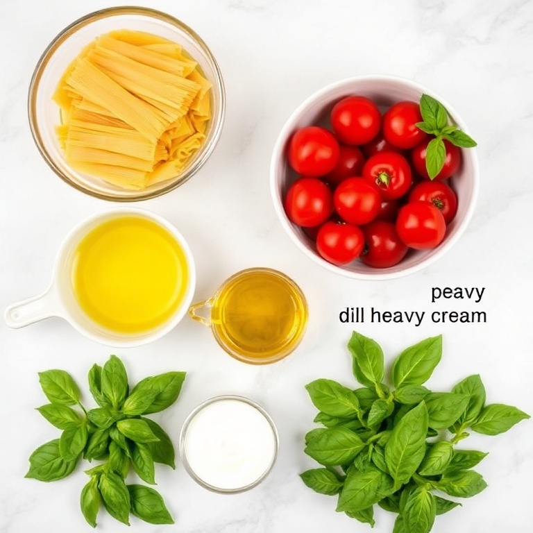 Raw ingredients for Easy Summer Pasta with Roasted Cherry Tomatoes and Basil