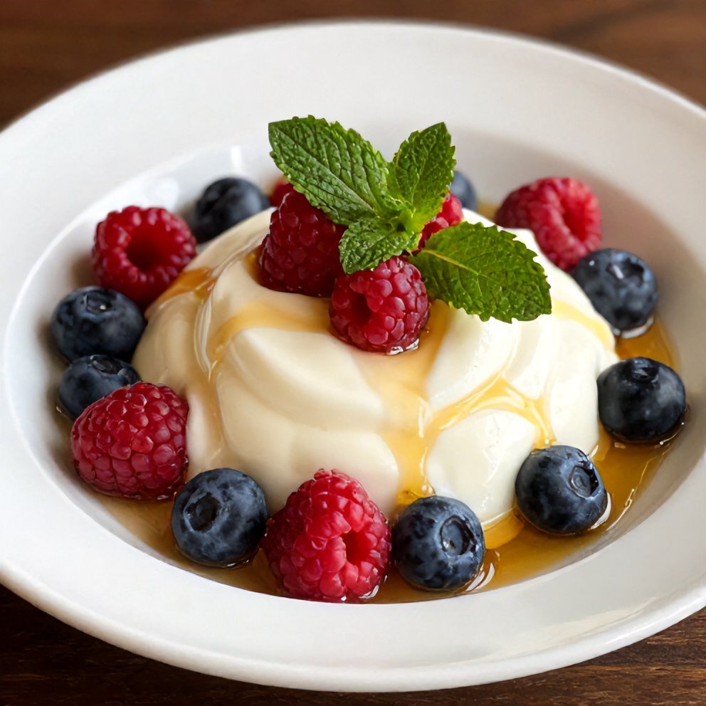 Yogurt parfait with fresh berries and honey, garnished with mint leaves