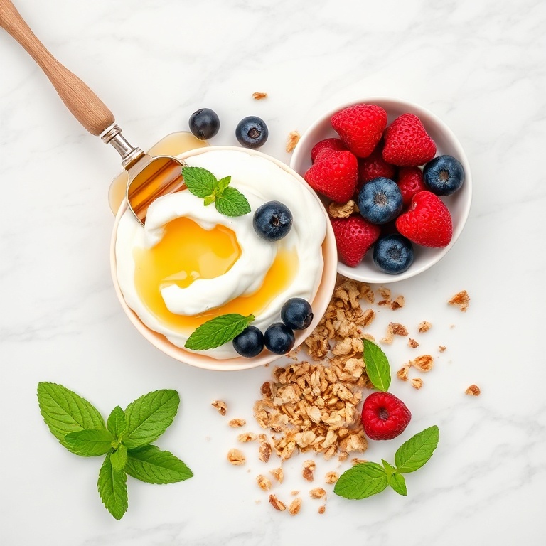 Greek yogurt, honey, mixed berries, granola, and mint leaves on a wooden surface