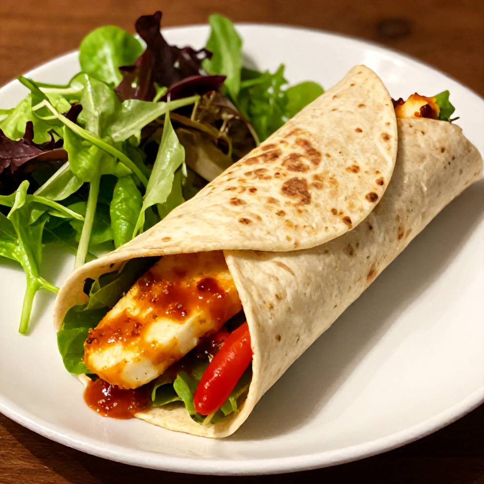 Plated Sweet Chili Halloumi Wrap with a side of mixed greens