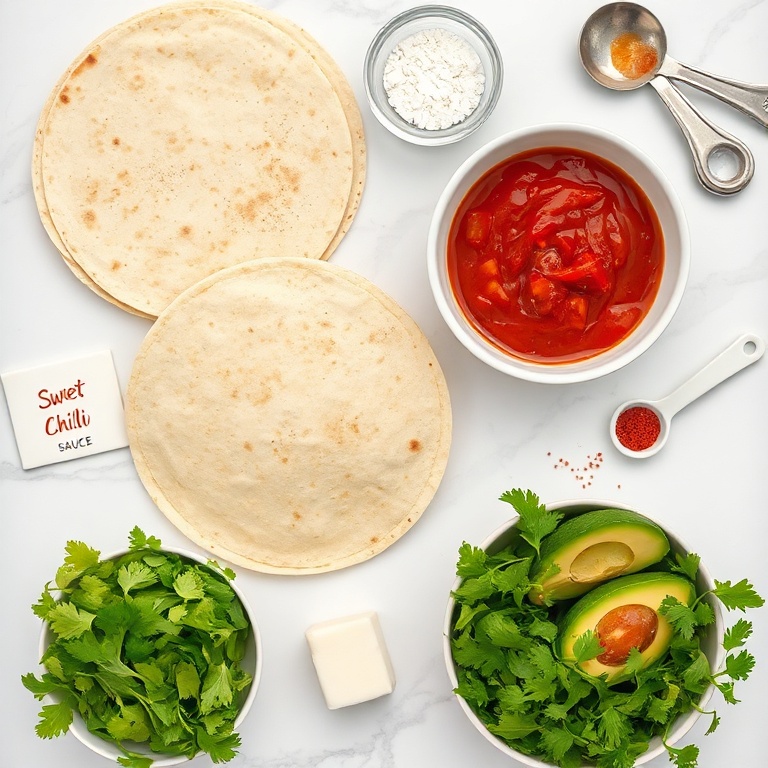 Raw ingredients for Sweet Chili Halloumi Wraps on a marble surface