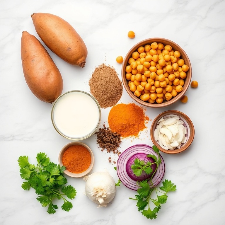 Ingredients for Sweet Potato Chickpea Curry laid out