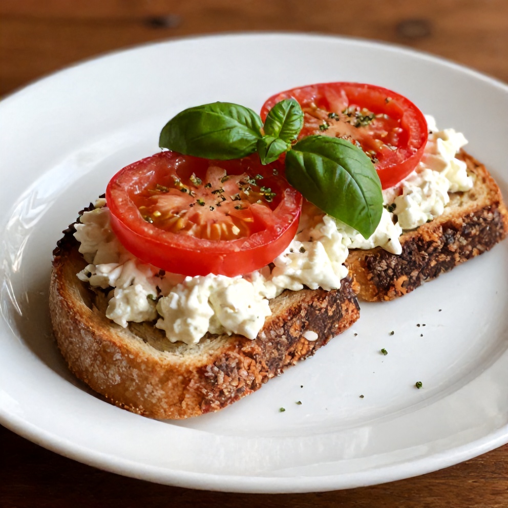 Tomato Cottage Cheese Toast with a sprinkle of fresh basil