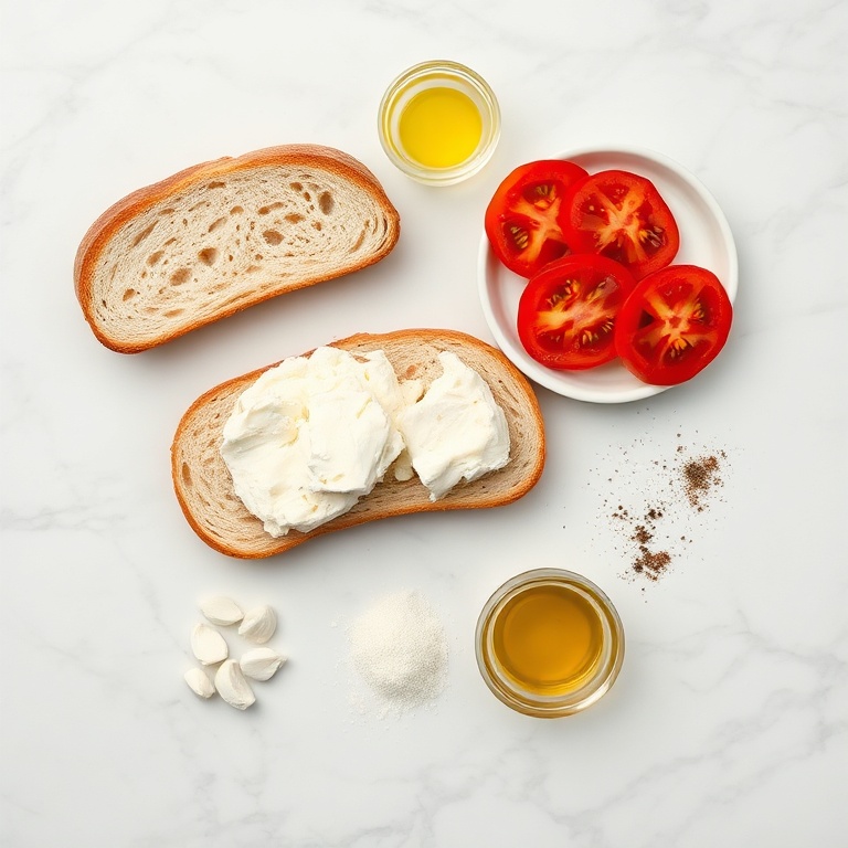 Bread, cottage cheese, tomatoes, salt, pepper, olive oil, garlic