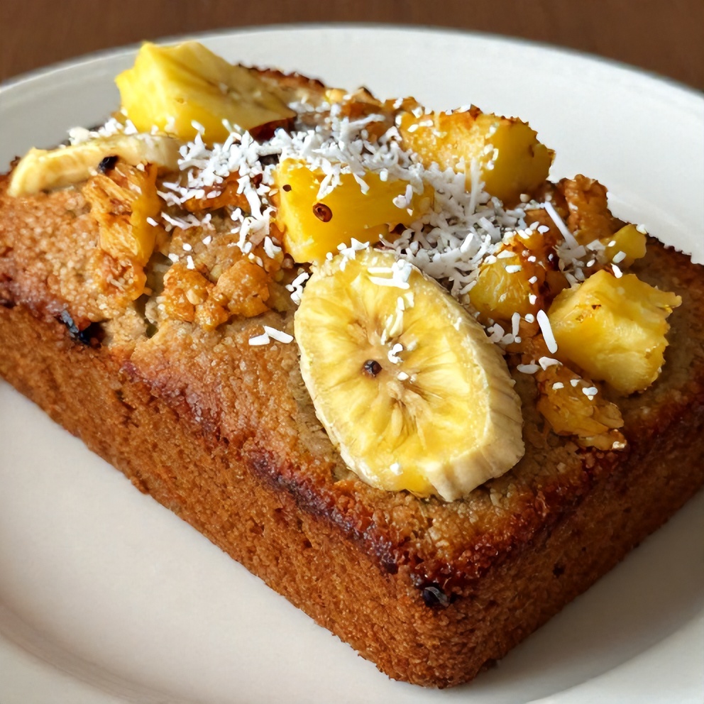 Sliced tropical banana bread with pineapple and coconut