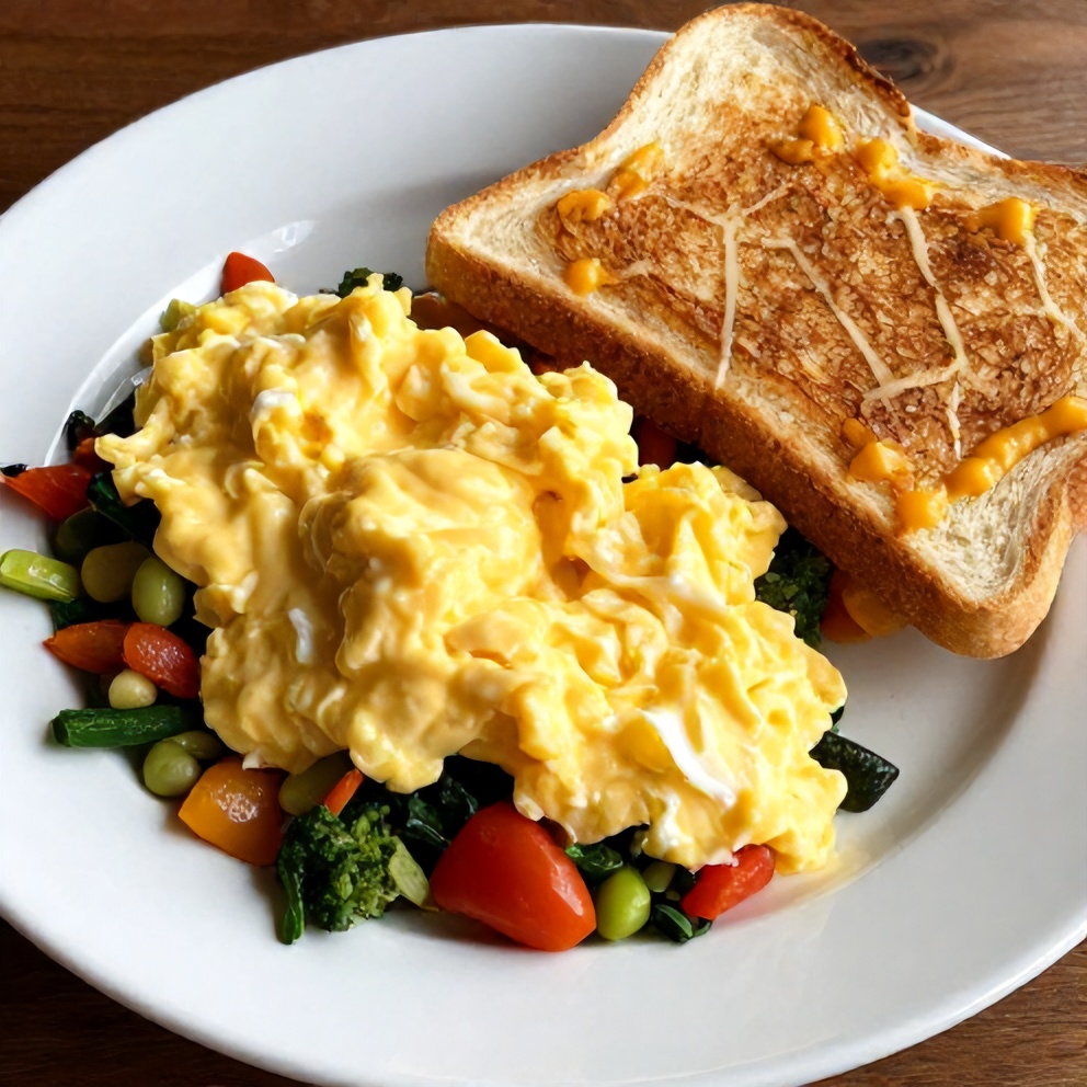 Veggie scrambled eggs on toast plated
