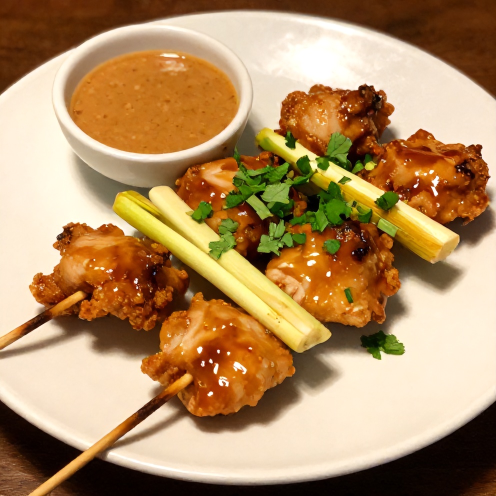 Plated Vietnamese Lemongrass Chicken Skewers with Peanut Sauce