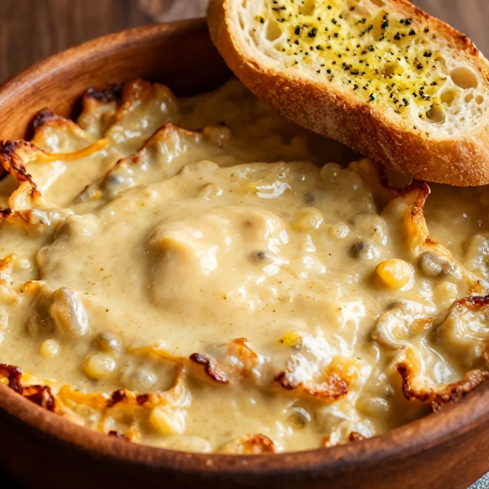 Plated Zuppa Toscana Casserole with garlic bread