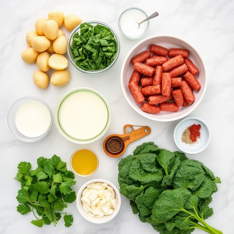 Raw ingredients for Zuppa Toscana Casserole on a marble surface
