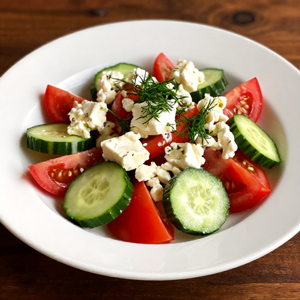 Plated Fresh Cucumber Tomato Feta Salad with a sprinkle of fresh dill