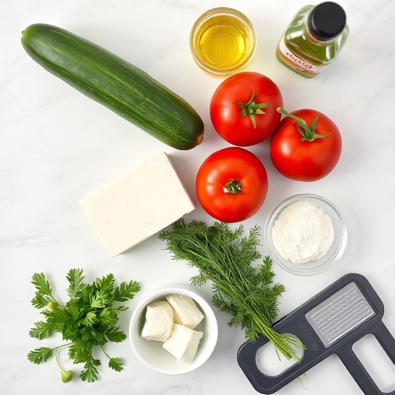Raw ingredients for Fresh Cucumber Tomato Feta Salad on a marble surface