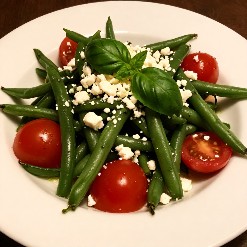 Plated fresh green bean and tomato salad
