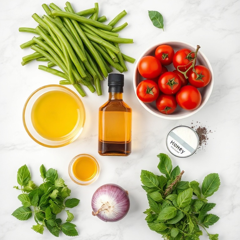 Raw ingredients for fresh green bean and tomato salad