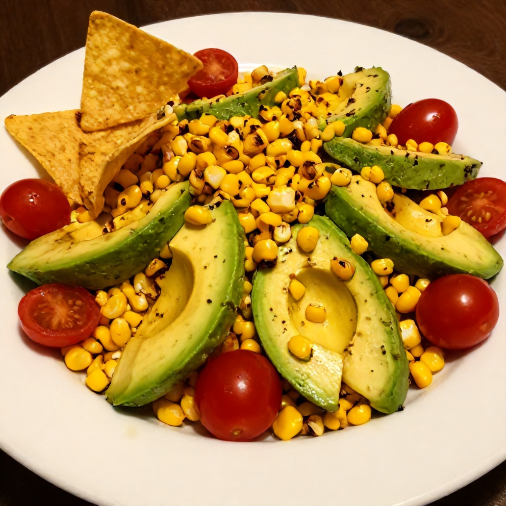 Plated Fresh Grilled Corn Avocado Salad with Cherry Tomatoes